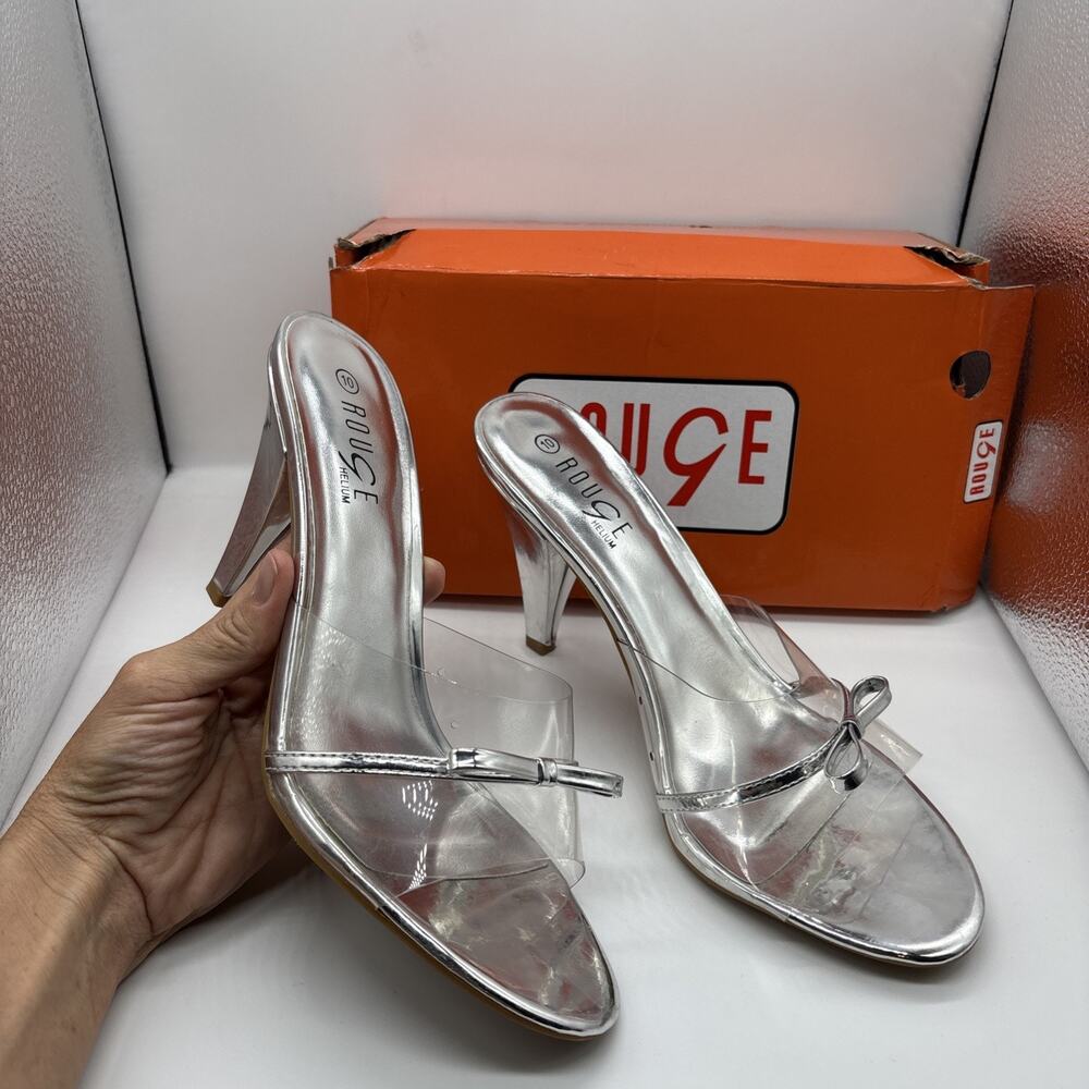 Rouge Golden-04 Silver Patent Mules Clear Strap Bow Heels Women's Size 10